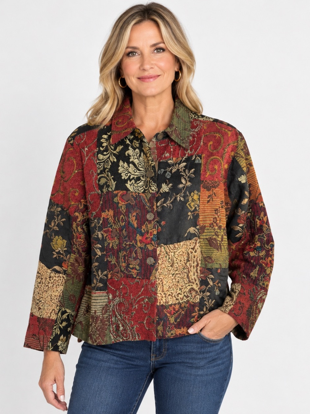 Chico's 1 M Patchwork Tapestry Jacket Floral Boho Artsy Button Up Vintage
